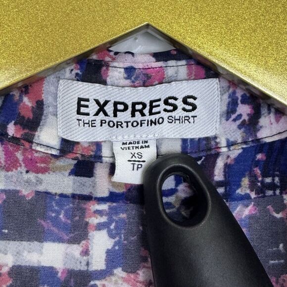 Express The Portofino Button Up Shirt XS Multicolor Geometric Roll Tab Sleeve - Picture 9 of 10